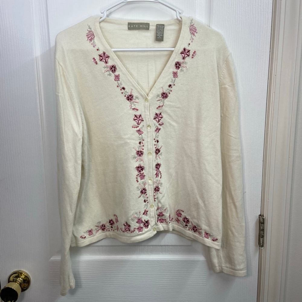 Kate Hill cream floral embroidered beaded button cotton angora rabbit sweater XL